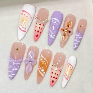 Colorful Handmade Press On Nail Art Set with Floral Designs Long Length 3D NWT